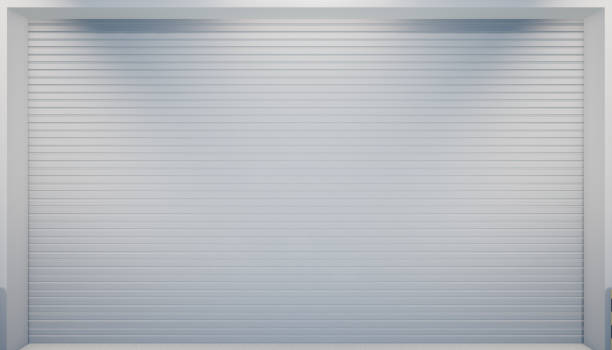 istock 3d rendering of exterior roller shutter, metal door at front. 1408823919