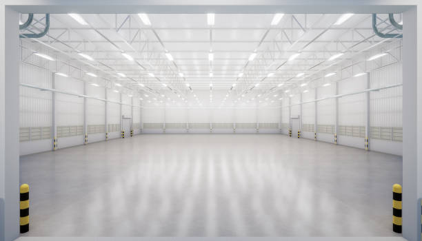 renderizado 3d interior de edificio industrial, comercial. - hangar fotografías e imágenes de stock