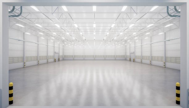 rendering 3d interno di edifici industriali e commerciali. - hangar foto e immagini stock