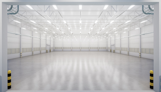 3d rendering interior of industrial, commercial building. Construction by metal, steel, concrete. Include entrance door or roller shutter, empty floor. Modern factory, warehouse, hangar for backgroud.