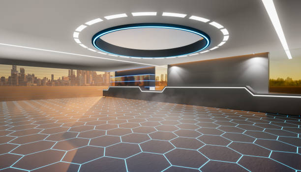 istock 3d rendering of empty space inside futuristic showroom, spaceship, hall or studio for background. 1408823963