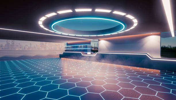 istock 3d rendering of empty space inside futuristic showroom, spaceship, hall or studio for background. 1408823966