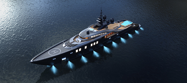 Computer generated 3D illustration with a luxury yacht at night