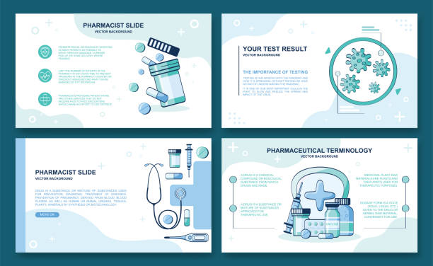 ilustraciones, imágenes clip art, dibujos animados e iconos de stock de plantilla de presentación. elementos para presentaciones de diapositivas y sitios web. presentación de diapositivas sobre medicina.  salud y medicina, medicina, prueba de virus. ilustración vectorial. - infografías médicas