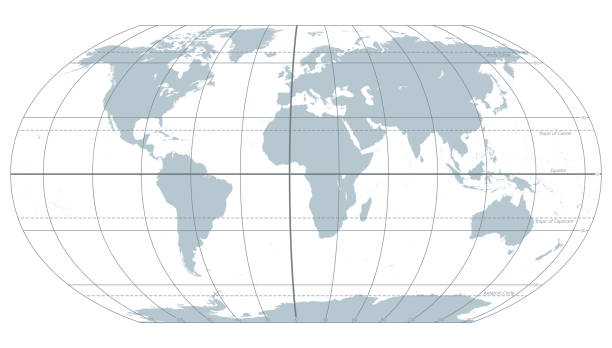 World most important circles of latitudes and longitudes, gray map The world with most important circles of latitudes and longitudes, gray political map. Equator, Greenwich meridian, Arctic and Antarctic Circle, Tropic of Cancer and Capricorn. Illustration. Vector. equator stock illustrations