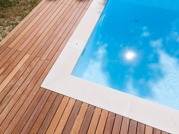 istock Drone flight over pool with beautiful wooden terrace 1408827921