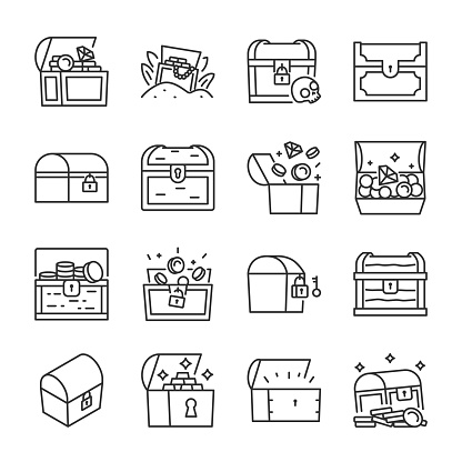 Treasure Chest icons set. Open chest with coins, jewels. Find the treasure, linear icon. editable stroke