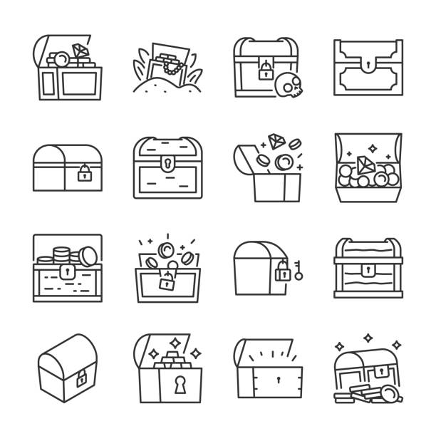 Treasure Chest icons set. Open chest with coins, jewels. Find the treasure, linear icon collection. Line with editable stroke Treasure Chest icons set. Open chest with coins, jewels. Find the treasure, linear icon. editable stroke antiquities stock illustrations