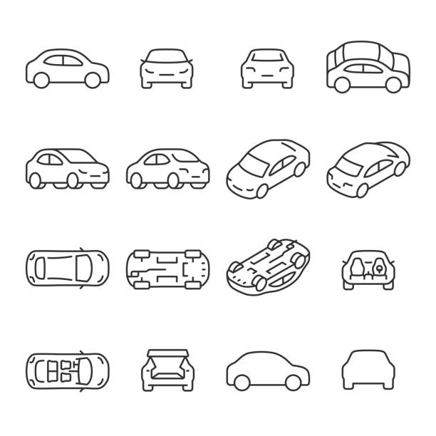 자동차 아이콘 설정. 다른면에서 차. 측면보기, 뒤, 앞, 아래, 내부. 선형 아이콘 컬렉션. 편집 가능한 획이 있는 선 - sedan car isolated white stock illustrations