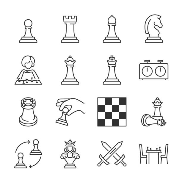 illustrations, cliparts, dessins animés et icônes de jeu d’icônes d’échecs. jeu, pièces d’échecs, collection d’icônes linéaires. ligne avec contour modifiable - échec