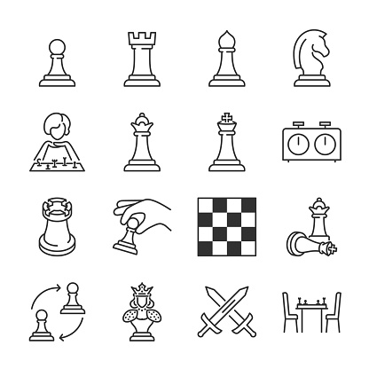 Chess icons set. Game, chess pieces, linear icon. editable stroke