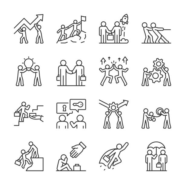 ilustrações de stock, clip art, desenhos animados e ícones de mentoring, teamwork with a mentor set of icons. leadership. business collaboration. people achieving success together, help and mentorship, linear icon collection. line with editable stroke - people director editorial computer icon