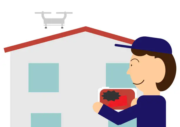 Vector illustration of A contractor who checks the condition of the roof of the house with a drone before repairing