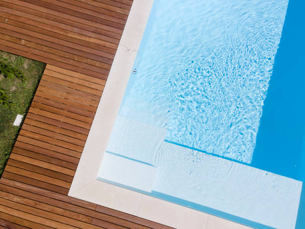 istock Drone flight over pool with beautiful wooden terrace 1408828722