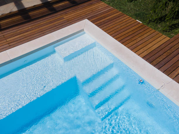 istock Drone flight over pool with beautiful wooden terrace 1408828861