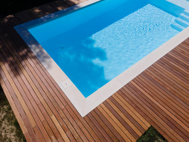 istock Drone flight over pool with beautiful wooden terrace 1408829296