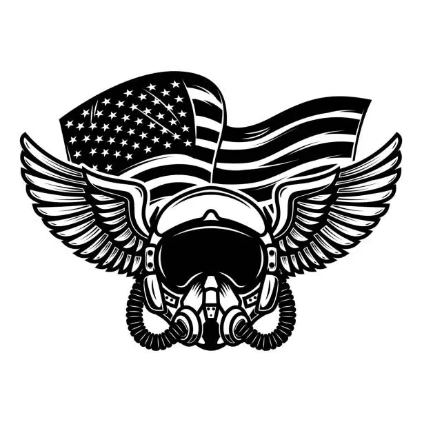 Vector illustration of Pilot helmet on usa flag background. Design element for poster, card, banner, sign. Vector illustration