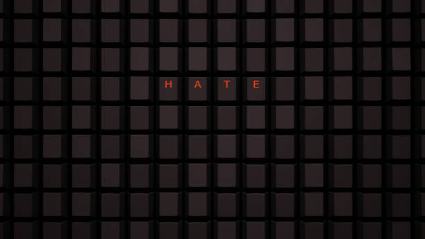 istock Online Hate Crime Free Speech Concept Illuminated Orange Keys on a Black Keyboard Grid Wall Spelling Hate 1408830402