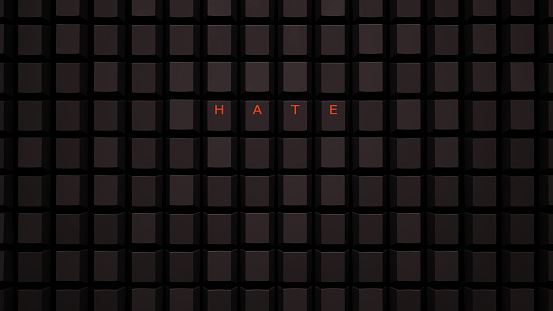 Online Hate Crime Free Speech Concept Illuminated Orange Keys on a Black Keyboard Grid Wall Spelling Hate 3d illustration render