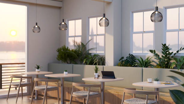 istock Modern beautiful coffee shop or restaurant seating area interior design with comfy long sofa 1408831361