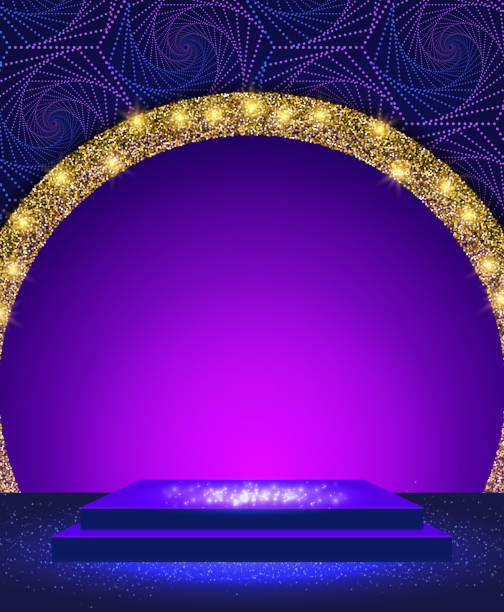 istock Vector illustration blue dots spiral background with shining sparkle stage podium and golden arch 1408834729