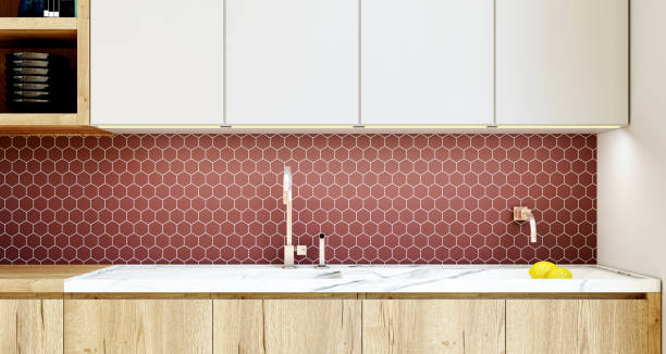 interno della cucina con backsplash a mosaico. rendering 3d. - terracotta foto e immagini stock