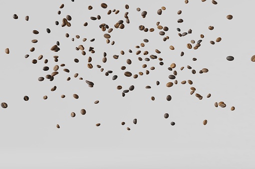Falling coffee beans on white background isolated with shadows 3D rendering. Flying floating arabica grains espresso latte cappuccino hot drinks sale. Coffee shop product delivery advertising promo 4K