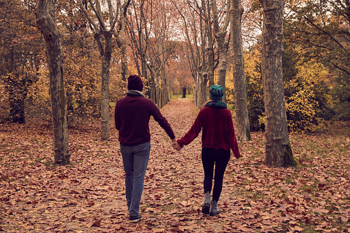 Young white Caucasian couple walking backwards holding hands apart strolling along a ground of fallen brown leaves and a path of trees in a park in autumn