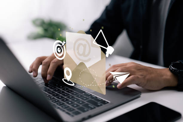 istock Email marketing idea. Target customers, send messages, invite individuals, send message notifications, give deals. 1408842207