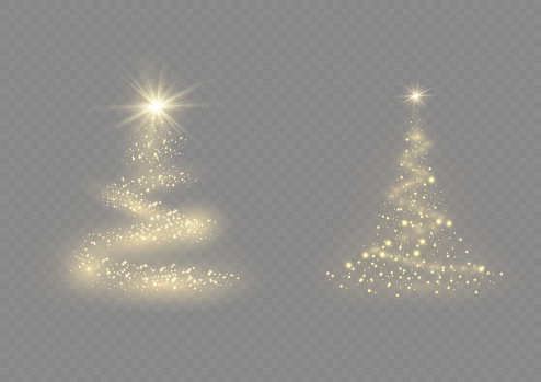 Christmas tree from light vector background. On a transparent background. Golden Christmas tree as a symbol of a happy New Year, a merry Christmas holiday. Golden light decoration. Bright shiny