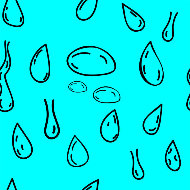 vektorillustration. nahtloses muster von handgezeichneten wassertropfen, regentropfen, tränen. moderner süßer herbst, sommerkontur lässt hintergrund fallen. fallende tropfen, wasser regnerische dekoration. - rain cute falling water raindrop stock-grafiken, -clipart, -cartoons und -symbole