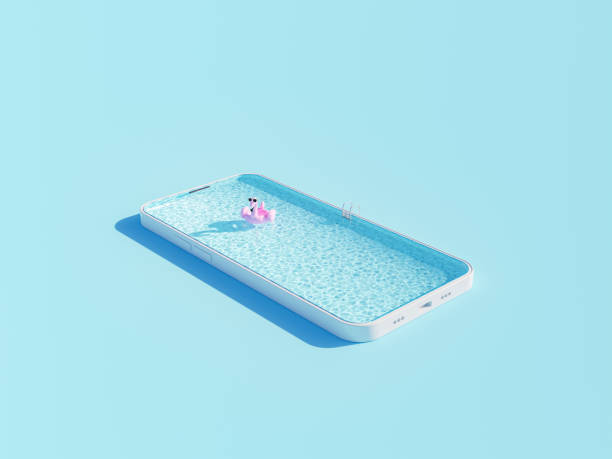 renderowanie 3d basenu w etui na smartfona na niebieskiej powierzchni - movil phone zdjęcia i obrazy z banku zdjęć