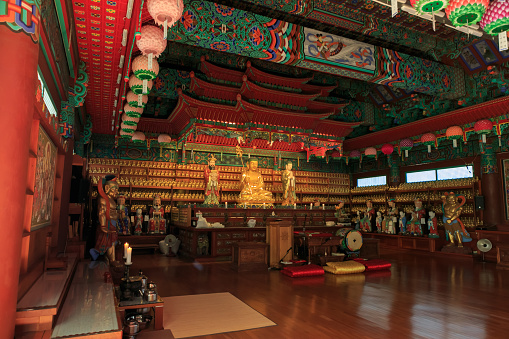 Interior of Temple in Korea with a Buddha statue