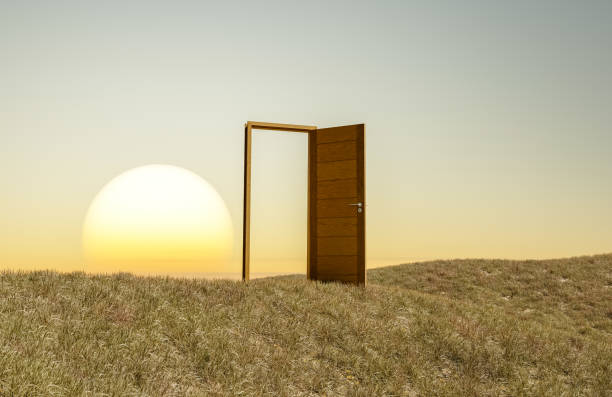 istock 3D rendering, Platform and natural podium style open door on grass filed with sunset and sky backdrop for product display,  landscape scene background 1408847486