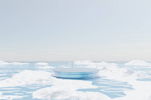3D rendering, Platform and natural podium floating on the lake with ice snow, sky and cloud. backdrop for product display and showcase,  landscape scene background