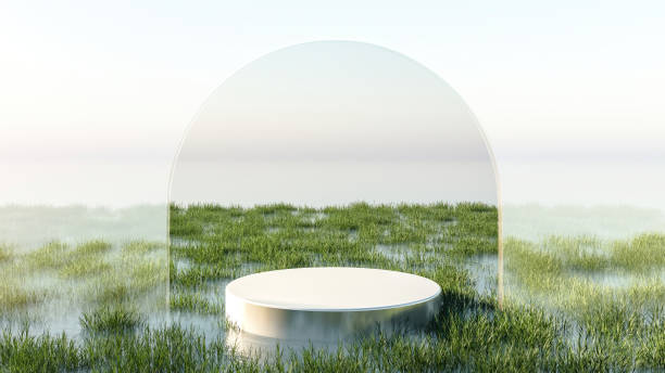 istock 3D rendering, Platform and natural podium on the lake with grass field and glass wall backdrop for product displayand showcase,  landscape scene background 1408847498