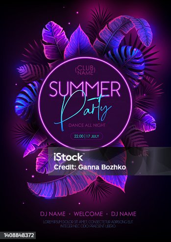 istock Summer party typography poster with fluorescent tropic leaves. Nature concept. Summer background. Vector illustration 1408848372