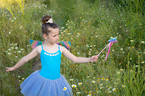 Little 6 years old girl dress with ballerina tutu, wings and a wand like a fairy ballerina in a meadow with flowers