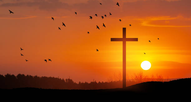 croce cristiana sulla collina all'aperto all'alba. risurrezione di gesù. - church dawn christianity bird foto e immagini stock