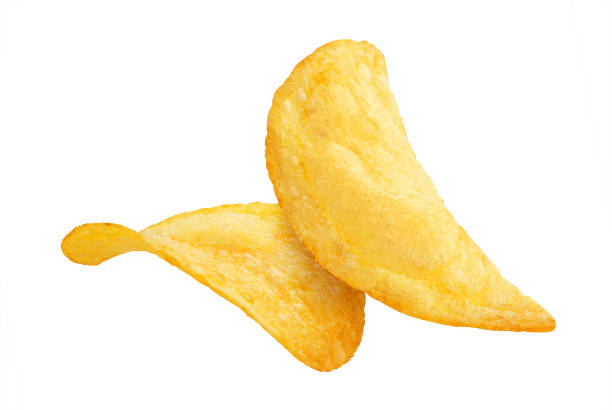 istock Two delicious potato chips close-up on white 1408849273