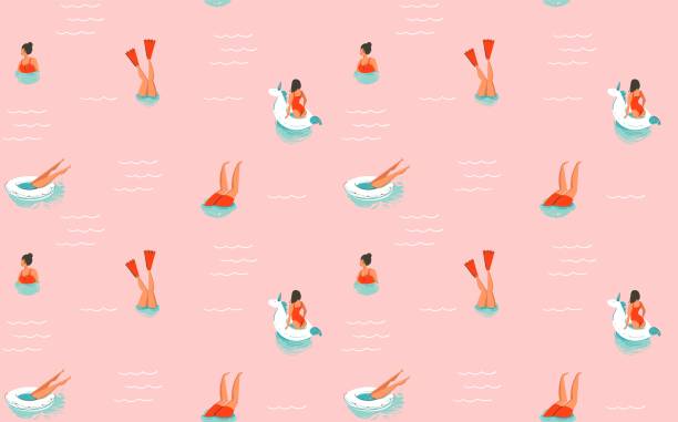 ilustraciones, imágenes clip art, dibujos animados e iconos de stock de dibujos abstractos de vector dibujado mano horario de verano de la diversión de patrones sin fisuras ilustración con piscina personas aisladas sobre fondo rosa - bikini surfboard women surfing