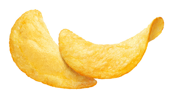 Two delicious potato chips close-up, isolated on white background