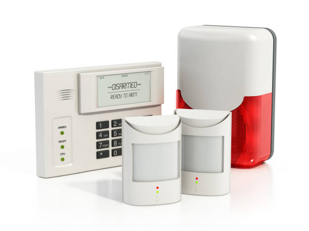 Burglar alarm system equipment isolated on white stock photo