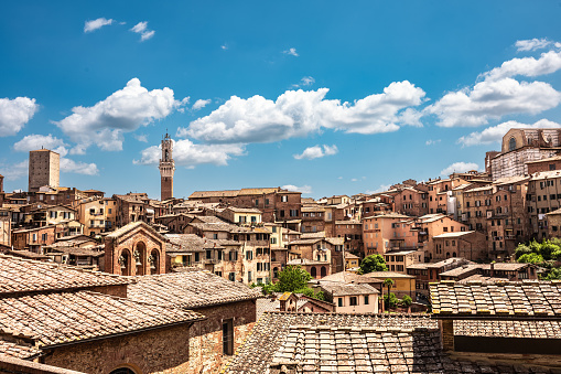 View over the orange brown rooftops towards the rear of the Duomo di Siena, far right, and the tower, the Torre del Mangia, at the Piaza del Campo, in the Tuscan town of Siena, Italy.