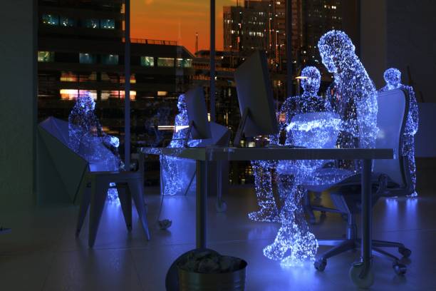 Data human working in metaverse with Cyber City skyline