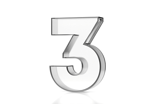 3D rendering of Number 5 made of transparent glass with Shades and Shadow isolated on white background.