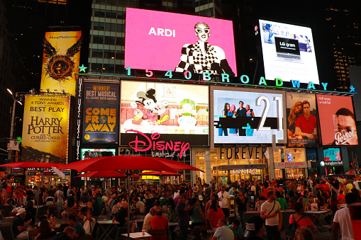 NEW YORK, USA - August 31, 2018: Times Square at night with animated LED signs