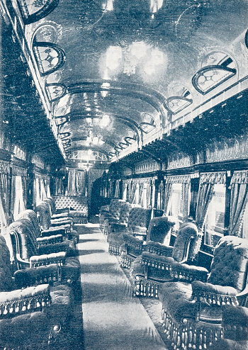 Different types of railroad cars are called Pullman cars. The term usually refers to the luxurious sleeper and saloon cars built by the American Pullman Palace Car Company and operated on the North American railway network. Illustration from 19th century.