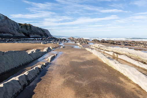 Flysch at Itzurun beach in Zumaia, Spain. Geologic destination.