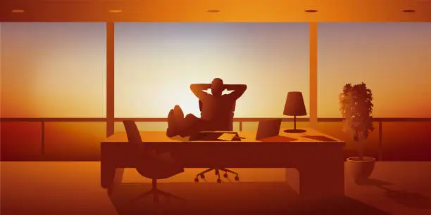 Vector illustration of Concept of senior executive savoring his success by putting his feet up on his desk.